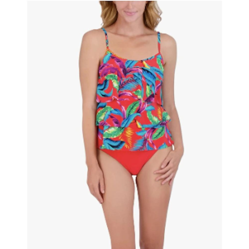 Caribbean Joe Ruffle Tankini Two Piece Tropical Print Swimsuit Orange 12